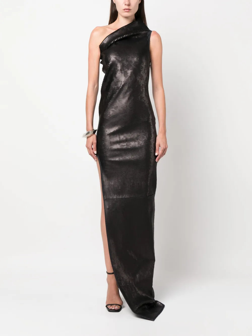 Asymmetric-Neck Sequinned Maxi Dress