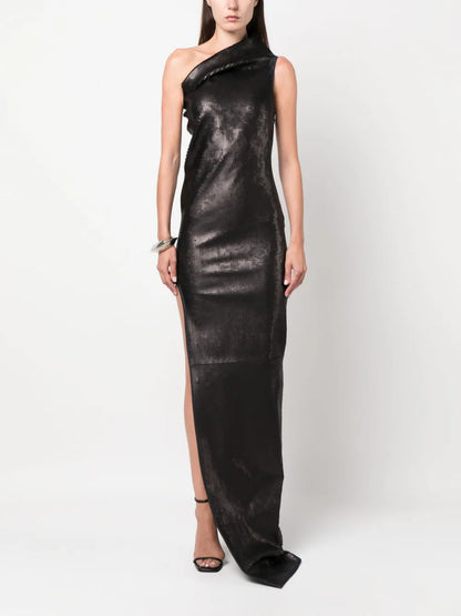 Asymmetric-Neck Sequinned Maxi Dress
