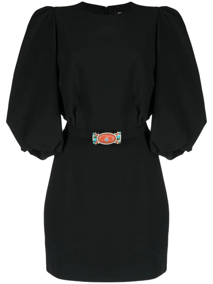 Belt-Waist Balloon-Sleeve Minidress