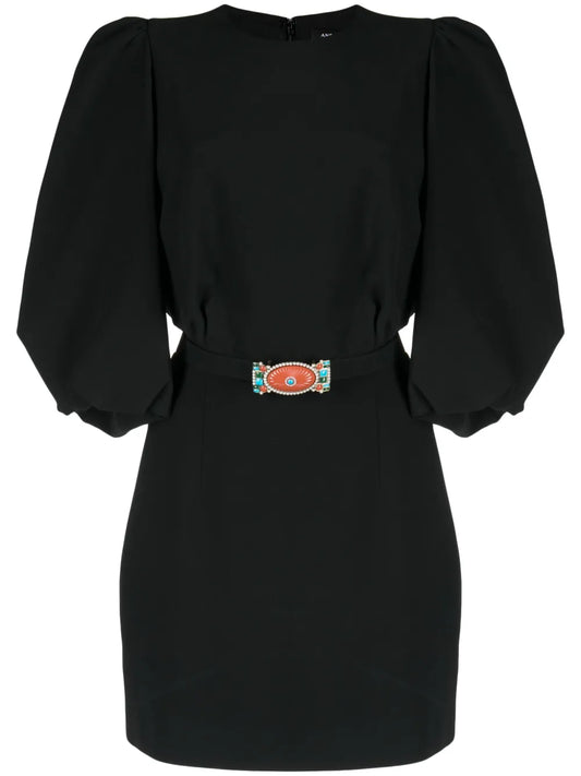 Belt-Waist Balloon-Sleeve Minidress