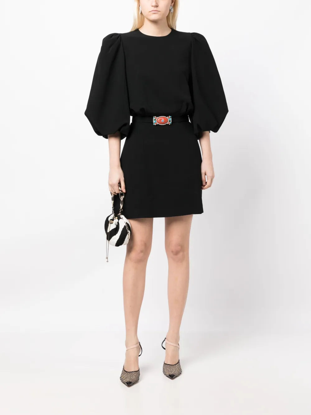 Belt-Waist Balloon-Sleeve Minidress