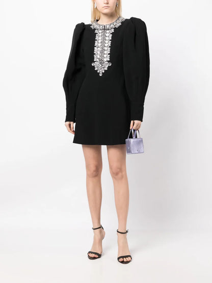 Crystal-Embellished Puff-Sleeve Minidress