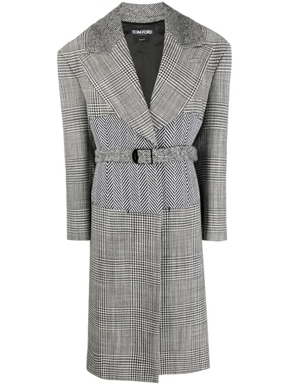 Houndstooth-Pattern Belted Coat