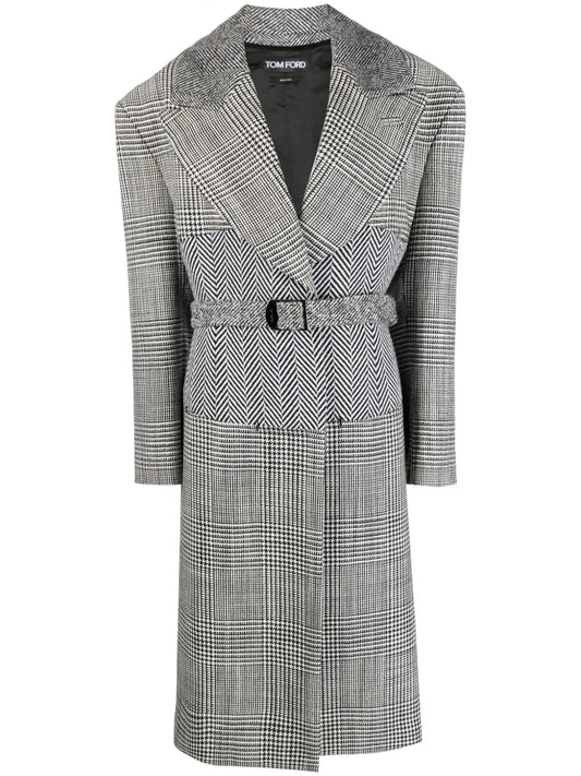 Houndstooth-Pattern Belted Coat