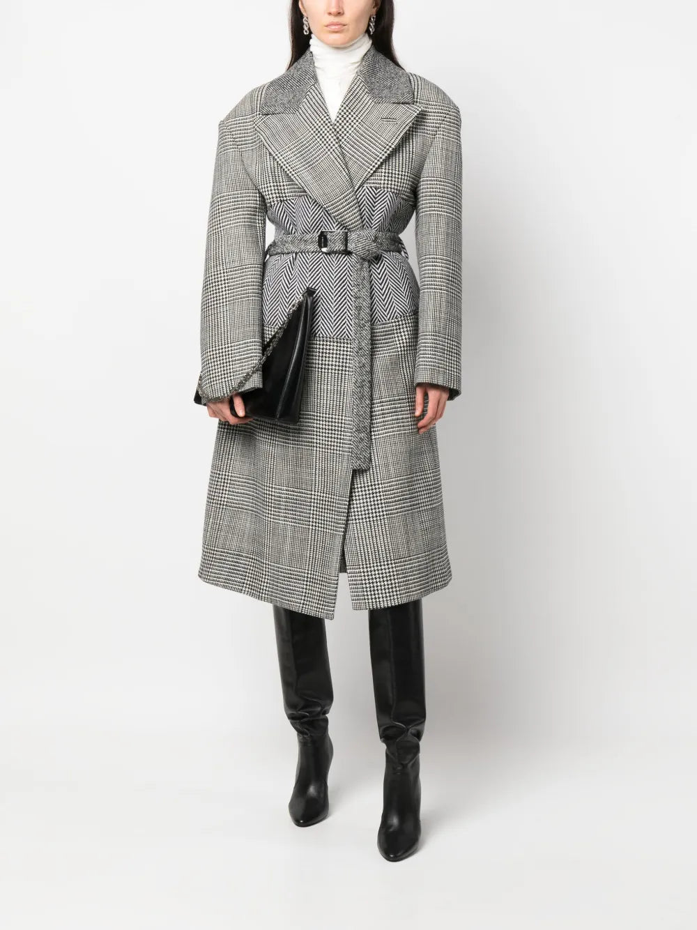 Houndstooth-Pattern Belted Coat