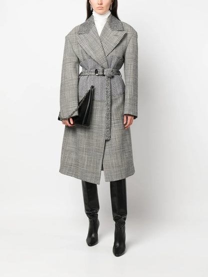 Houndstooth-Pattern Belted Coat
