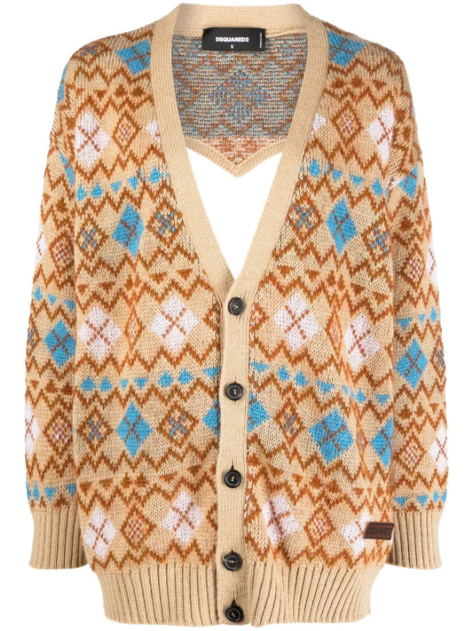 Geometric-Print Wool Cardigan