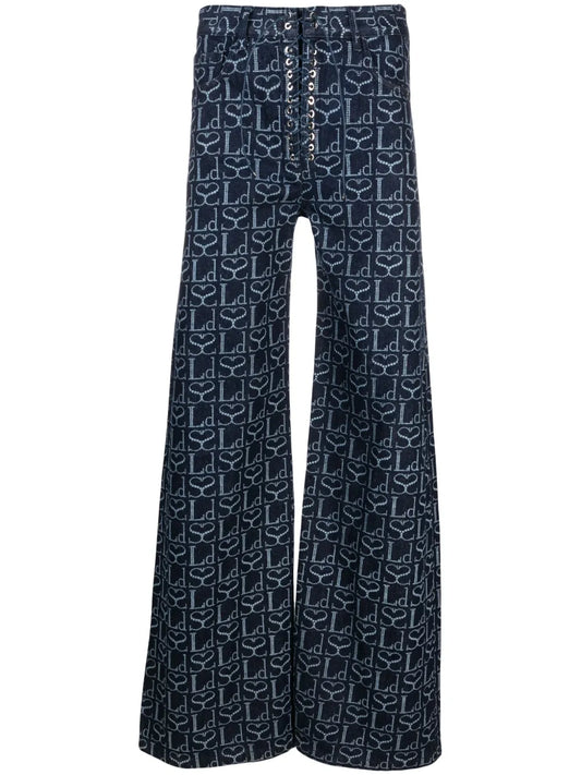 Monogram-Print Lace-Up Jeans