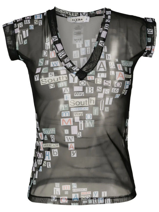 Text-Print Sheer T-Shirt