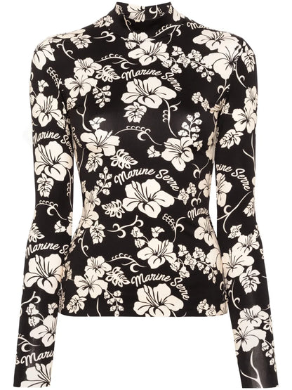 Botanical-Print High-Neck T-Shirt