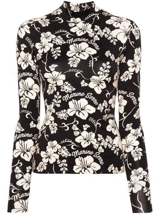 Botanical-Print High-Neck T-Shirt