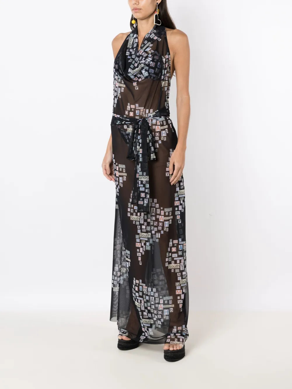 Text-Print Sheer Wrap Dress