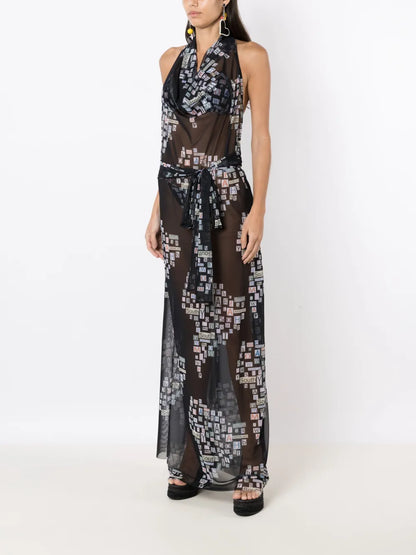 Text-Print Sheer Wrap Dress