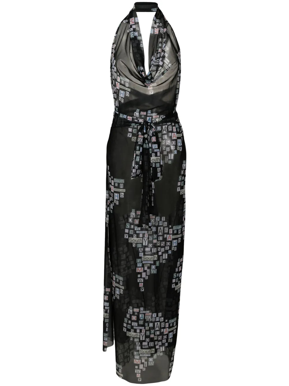 Text-Print Sheer Wrap Dress