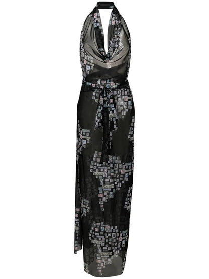 Text-Print Sheer Wrap Dress