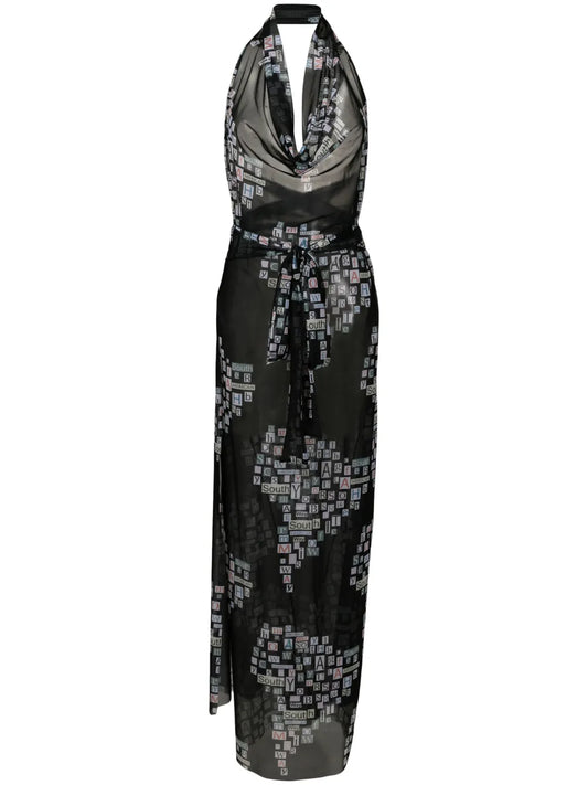 Text-Print Sheer Wrap Dress