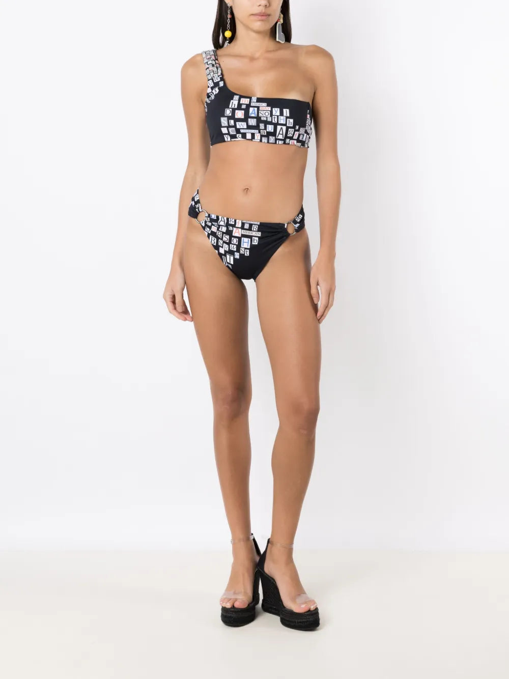 Text-Print One-Shoulder Bikini
