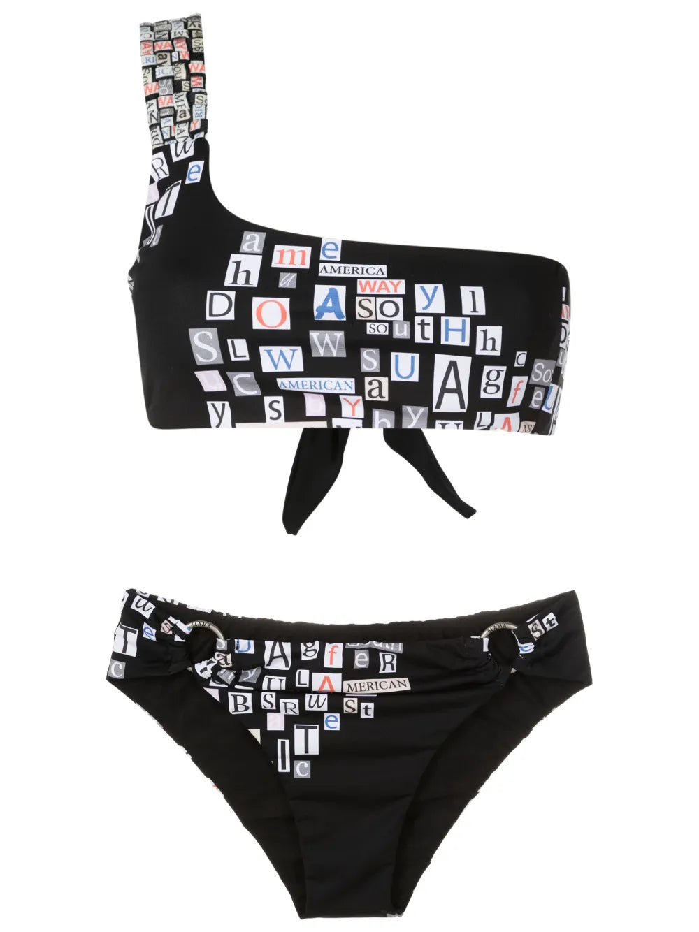 Text-Print One-Shoulder Bikini