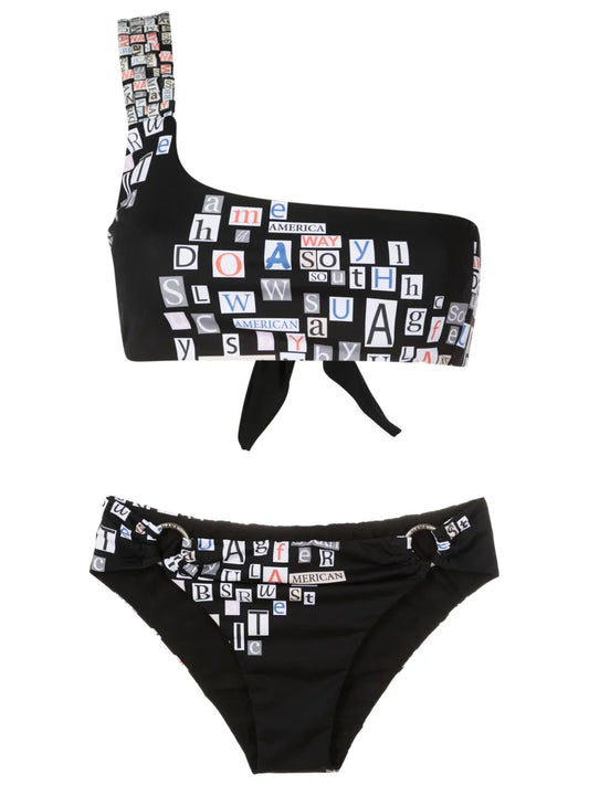 Text-Print One-Shoulder Bikini