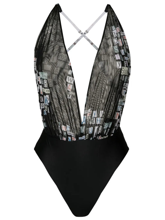 Text-Print V-Neck Bodysuit