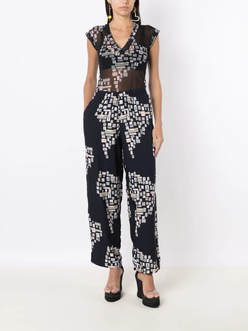 Text-Print Straight-Leg Trousers