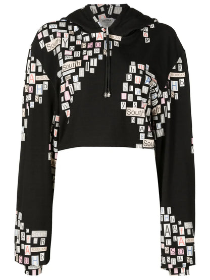 Text-Print Cropped Hoodie