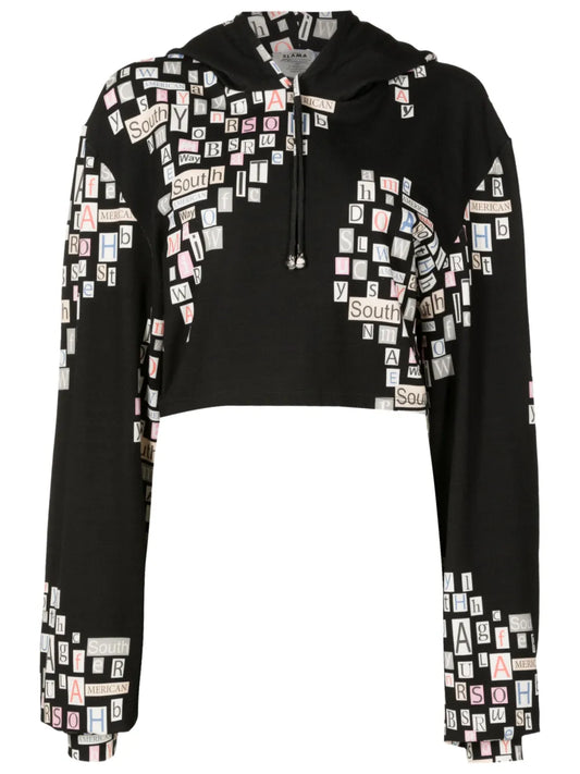 Text-Print Cropped Hoodie