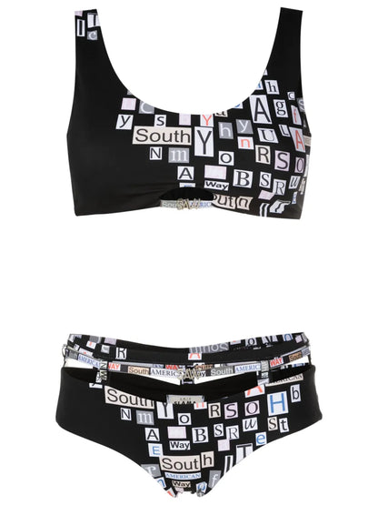 Text-Print Strappy Bikini