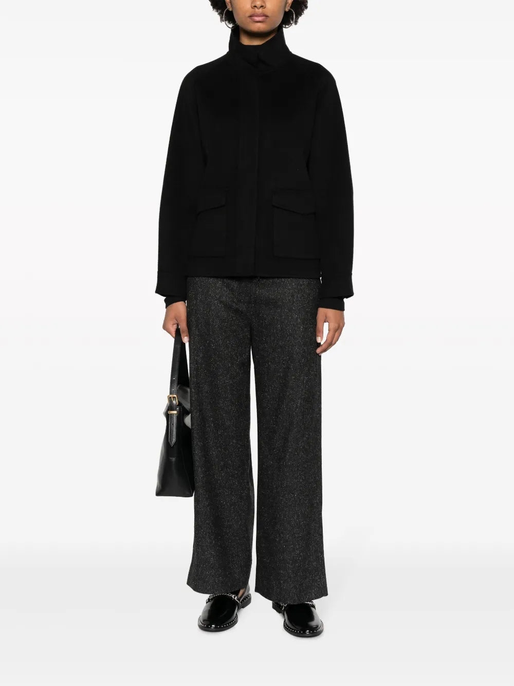 Funnel-Neck Long-Sleeve Wool Jacket