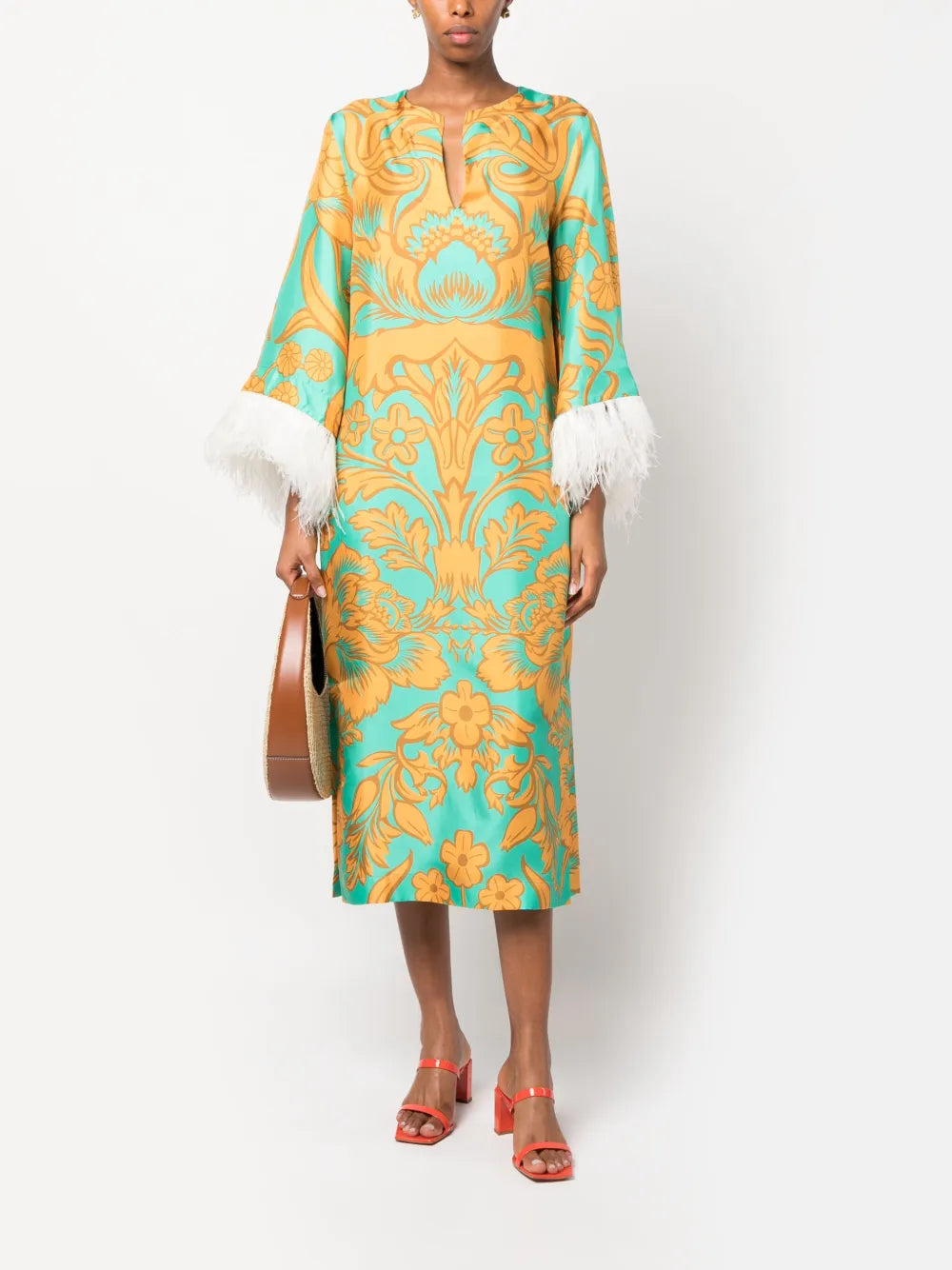 Feather-Trim Silk Kaftan