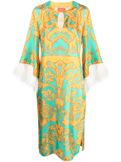 Feather-Trim Silk Kaftan