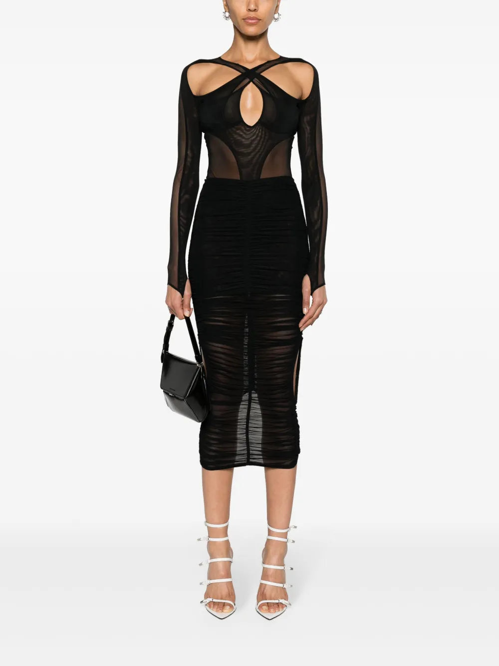 Draped Mesh Midi Skirt