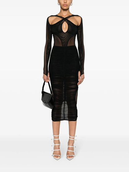 Draped Mesh Midi Skirt