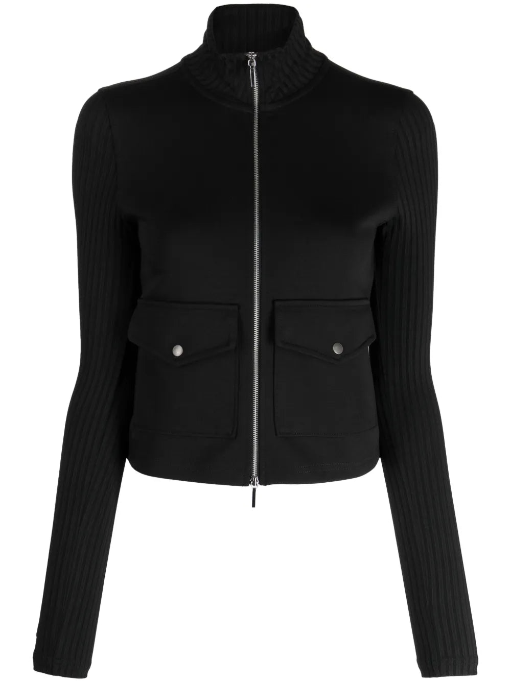 Ribbed-Sleeves Zip-Up Cardigan
