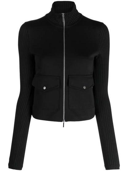 Ribbed-Sleeves Zip-Up Cardigan