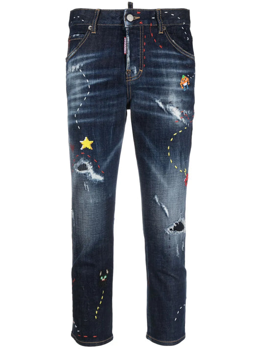 Embroidered-Design Cropped Jeans