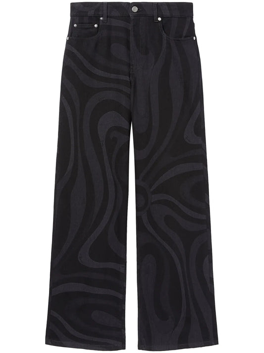 Marmo-Print Denim Wide-Leg Jeans