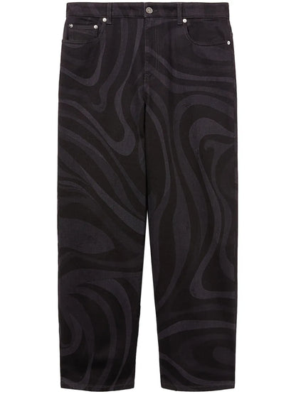 Marmo-Print Denim Straight-Leg Trousers