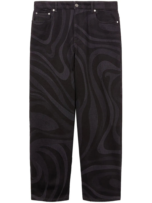 Marmo-Print Denim Straight-Leg Trousers