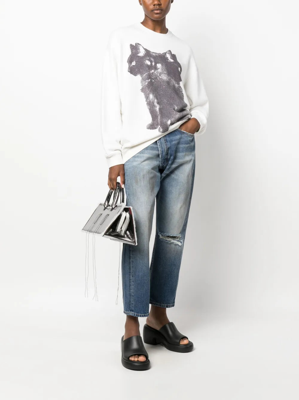 Stonewashed Asymmetric Cropped Jeans