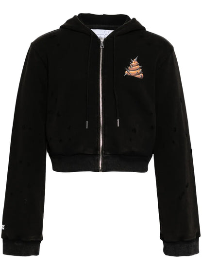 Slogan-Print Cropped Zip-Up Hoodie