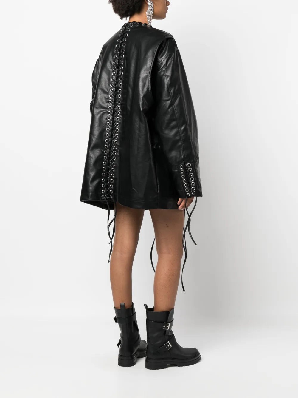 Eyelet-Embellished Faux-Leather Coat