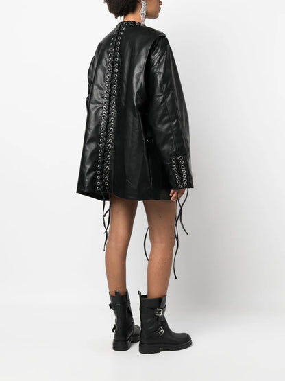 Eyelet-Embellished Faux-Leather Coat
