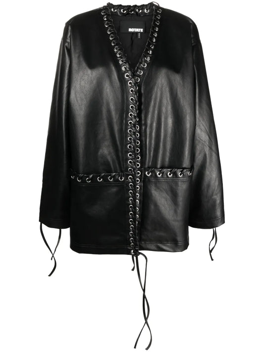 Eyelet-Embellished Faux-Leather Coat