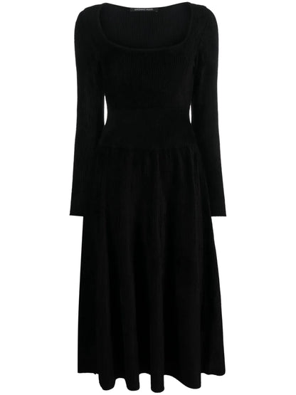 Square-Neck Corduroy Flared Midi Dress
