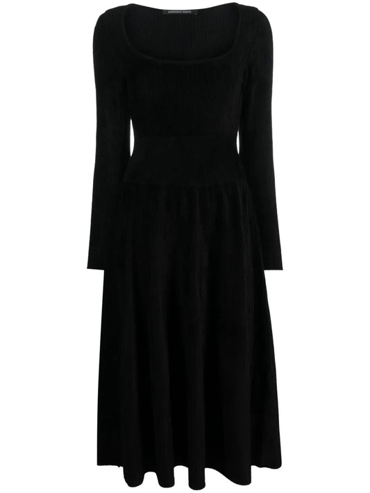 Square-Neck Corduroy Flared Midi Dress