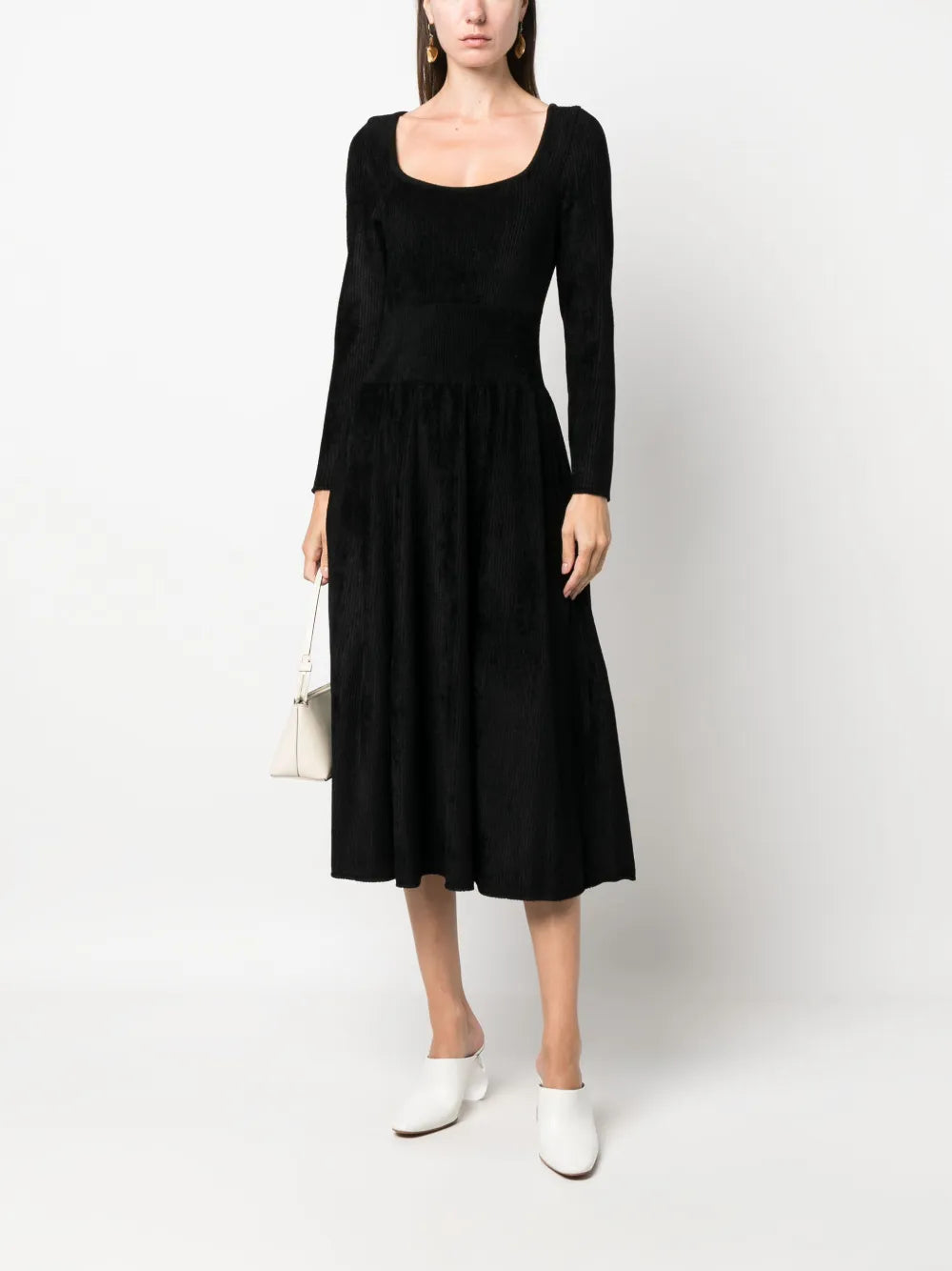 Square-Neck Corduroy Flared Midi Dress