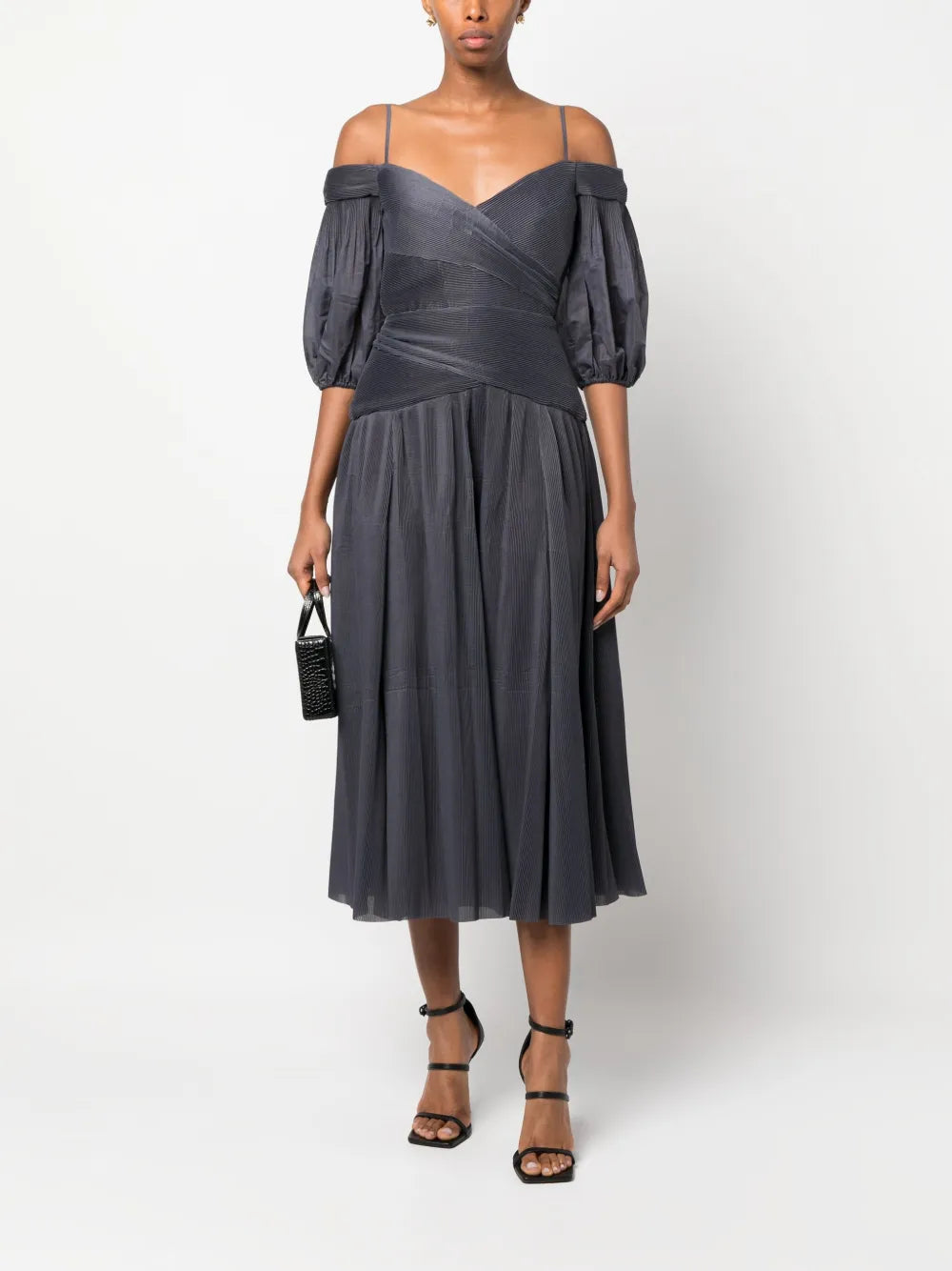 Off-Shoulder Pleated Midi Dress