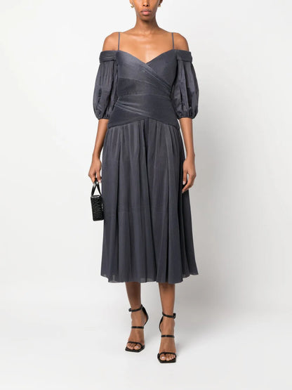 Off-Shoulder Pleated Midi Dress