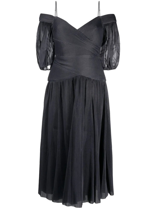 Off-Shoulder Pleated Midi Dress